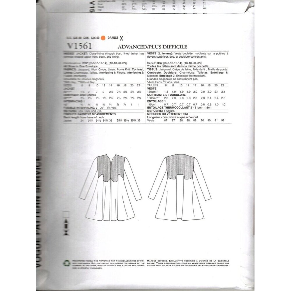 Vogue V1561 Zandra Rhodes Misses Jacket Size 6 to 22 UNCUT Sewing Pattern - Picture 2 of 2